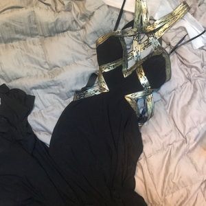 faviana black and gold cutout dress